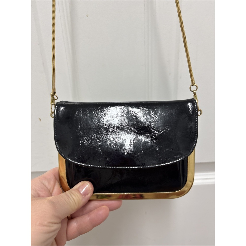 Robert Bestien Black Patent Leather Shoulder Bag With Silm Gold Strap Vintage